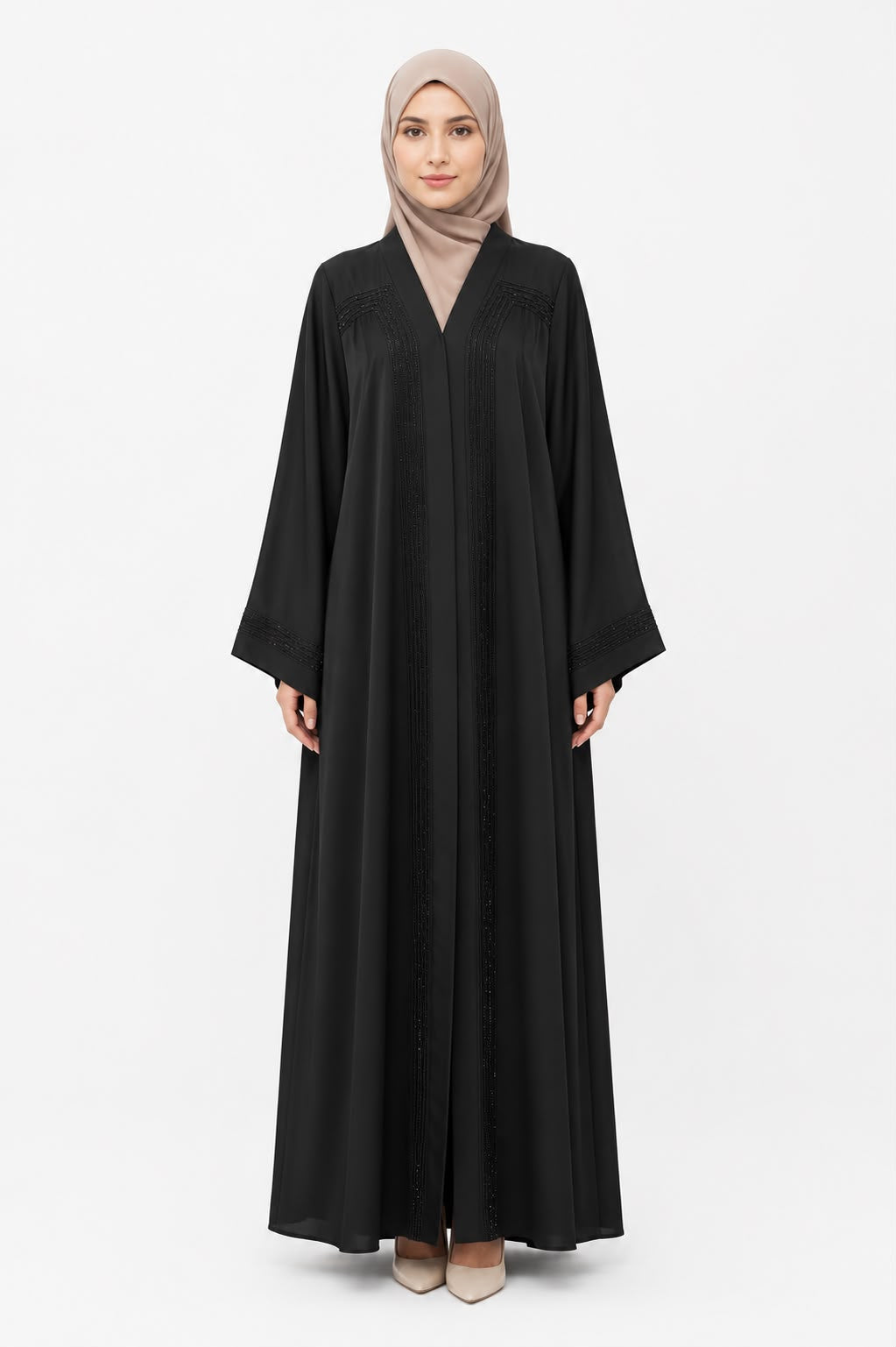 Premium Black Open Front Abaya with Embroidered Detail – Elegant Modest Maxi Dress for Women