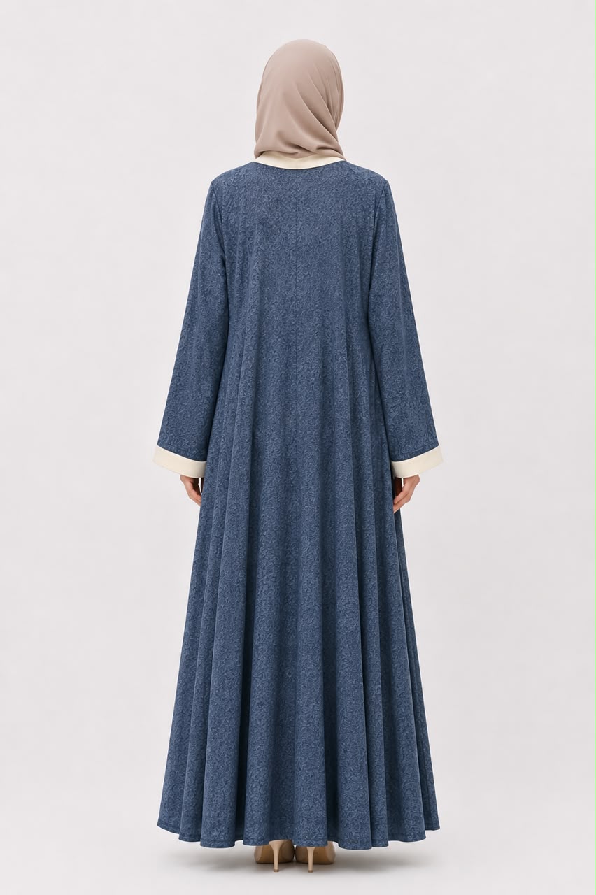Elegant Dusty Blue Jacquard Open Abaya with Ivory Contrast Trim & Inner Dress