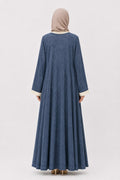 Elegant Dusty Blue Jacquard Open Abaya with Ivory Contrast Trim & Inner Dress