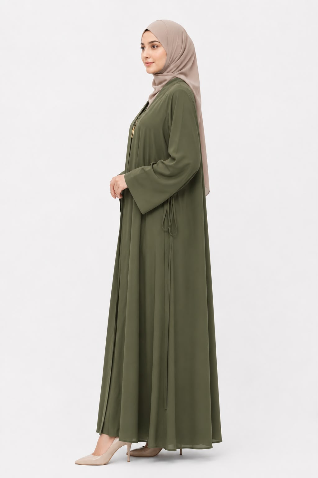 Premium Olive Green Open Front Abaya with Matching Inner Dress – Elegant 2-Piece Modest Set for Women