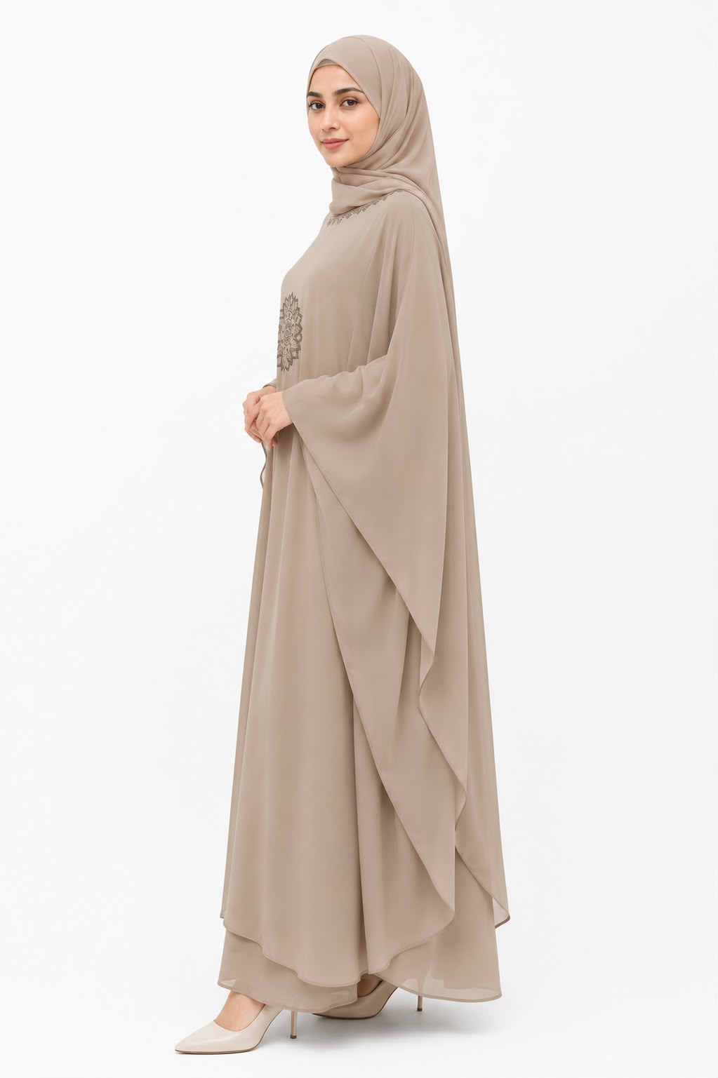 Elegant Beige Butterfly Sleeve Kaftan Abaya with Embellished Detail
