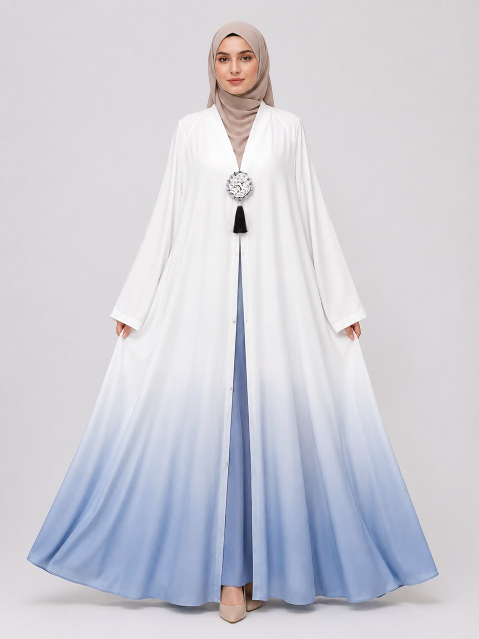 Premium White & Sky Blue Ombre Open Front Abaya with Floral Brooch – Elegant Modest Maxi Dress for Women
