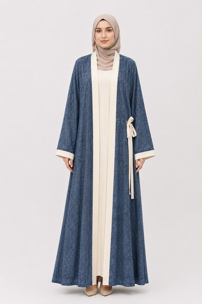 Elegant Dusty Blue Jacquard Open Abaya with Ivory Contrast Trim & Inner Dress