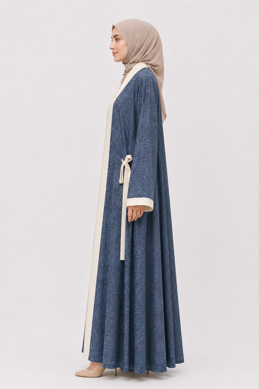 Elegant Dusty Blue Jacquard Open Abaya with Ivory Contrast Trim & Inner Dress