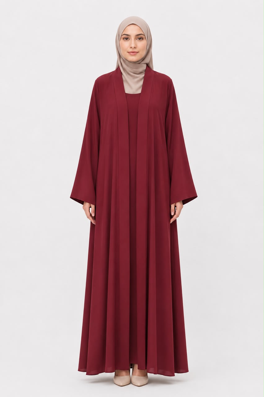 Elegant Maroon Open Front Abaya with Matching Inner Dress