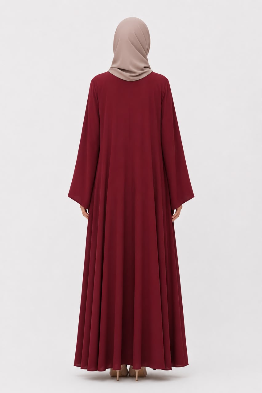 Elegant Maroon Open Front Abaya with Matching Inner Dress