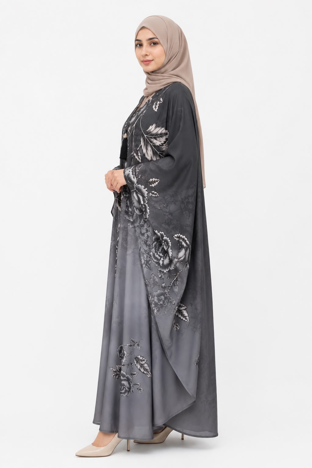 Elegant Grey Floral Butterfly Kaftan Abaya – Modest Luxury Wear