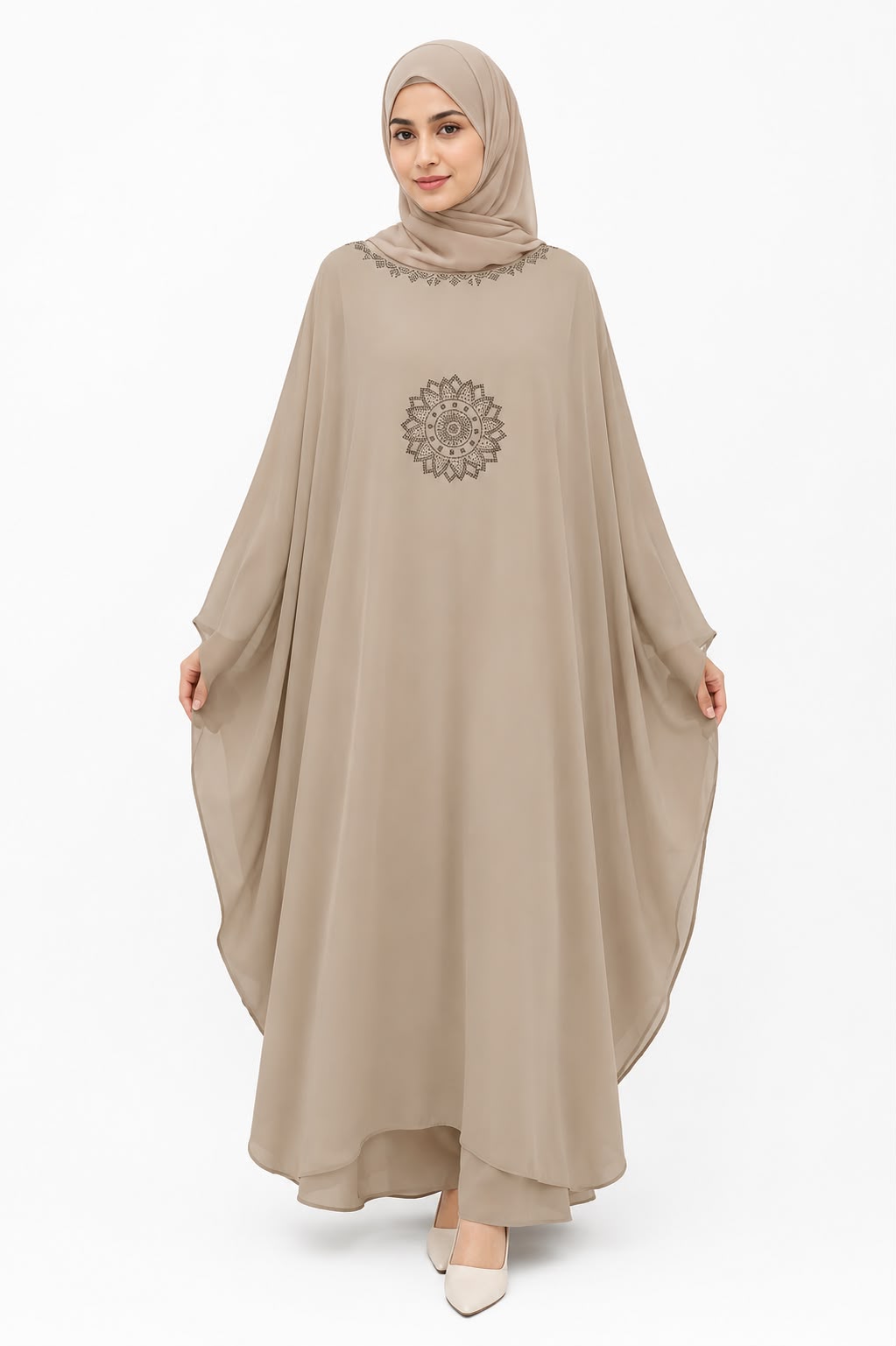 Elegant Beige Butterfly Sleeve Kaftan Abaya with Embellished Detail