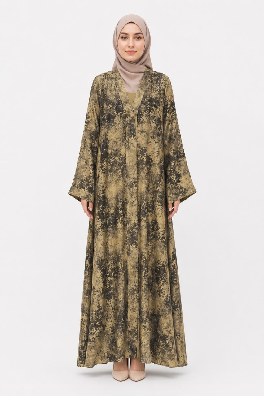 Olive Marble Print Open Abaya with Inner – Elegant Modest Wear Set