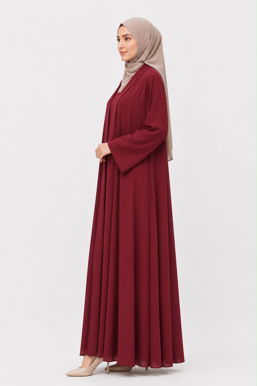 Elegant Maroon Open Front Abaya with Matching Inner Dress