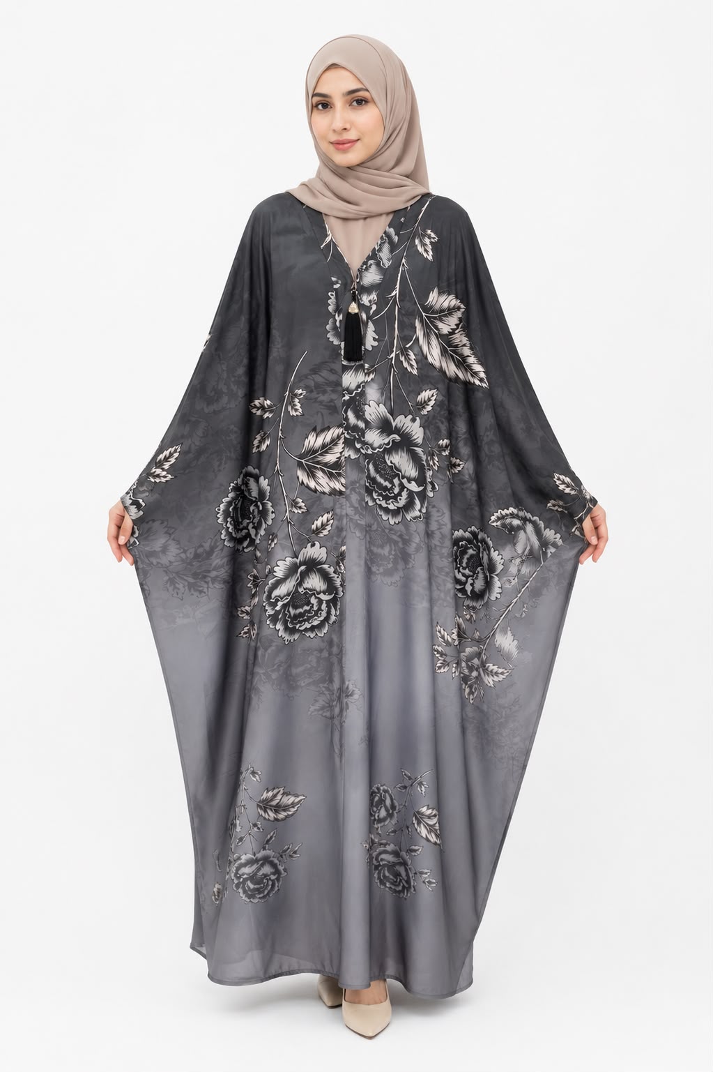 Elegant Grey Floral Butterfly Kaftan Abaya – Modest Luxury Wear