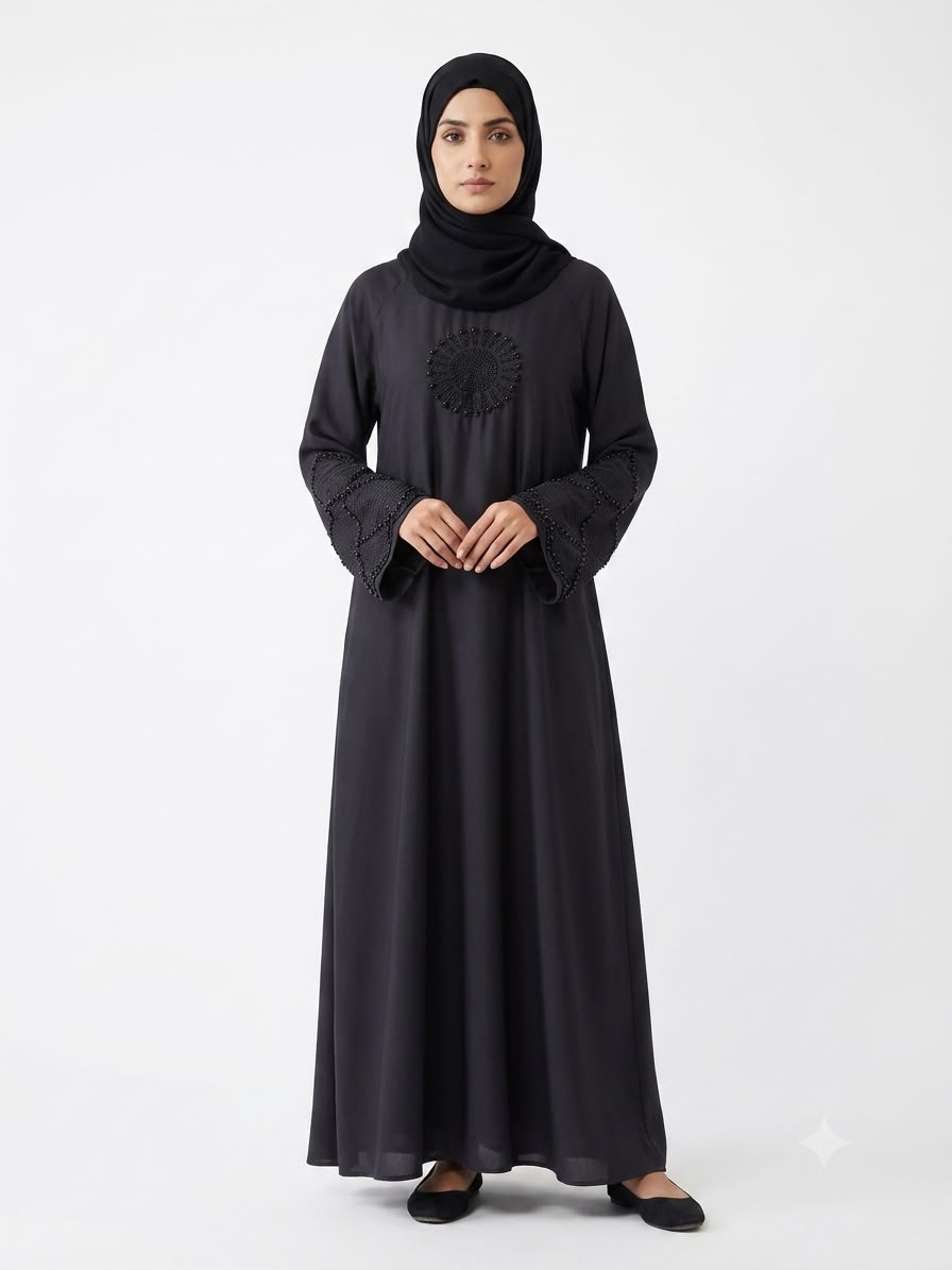 Modern Black Modest Dress with Embellished Bodice