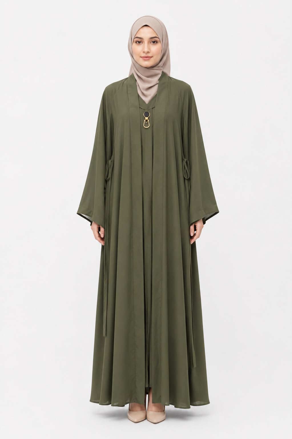Premium Olive Green Open Front Abaya with Matching Inner Dress – Elegant 2-Piece Modest Set for Women