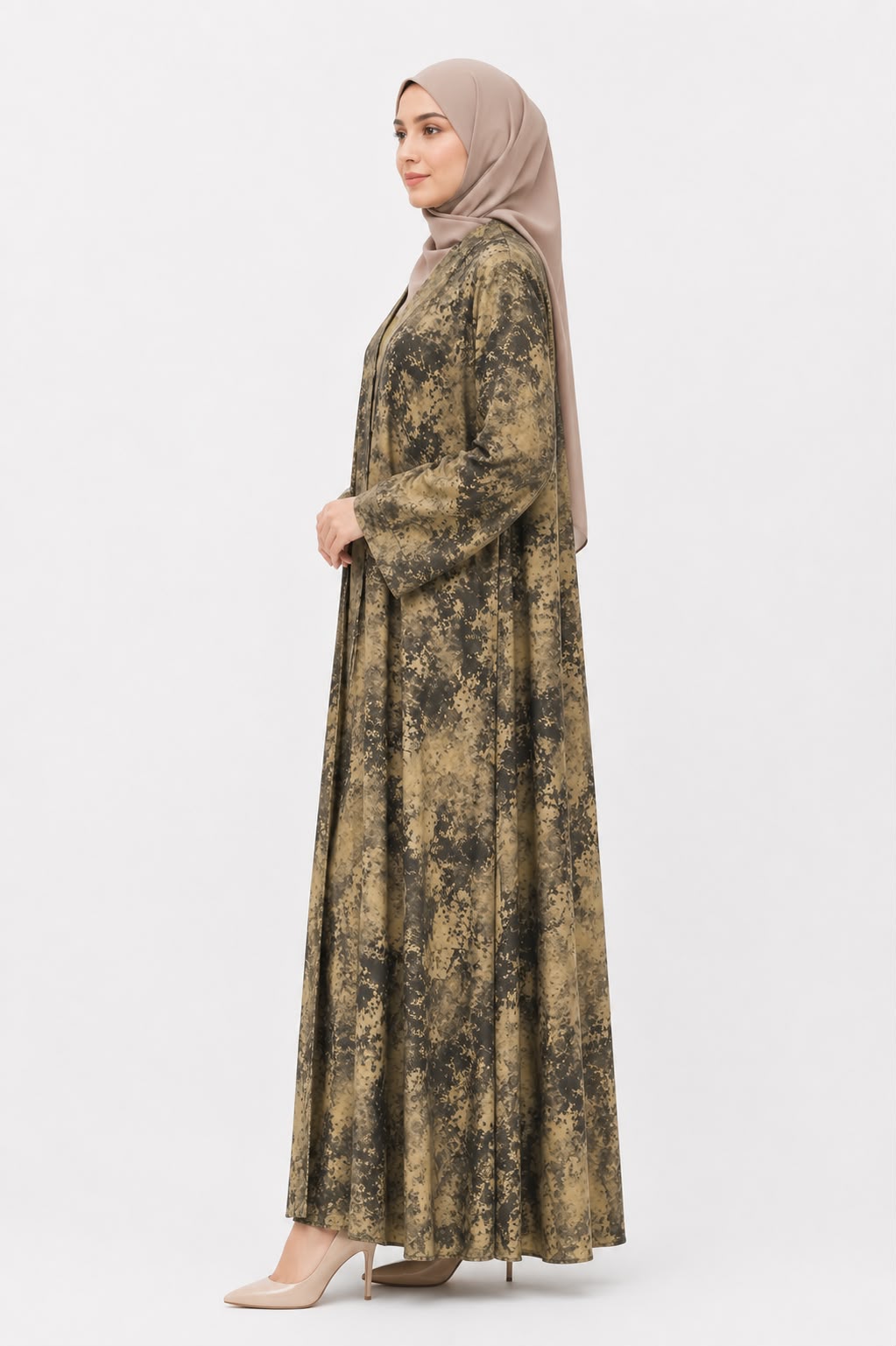 Olive Marble Print Open Abaya with Inner – Elegant Modest Wear Set