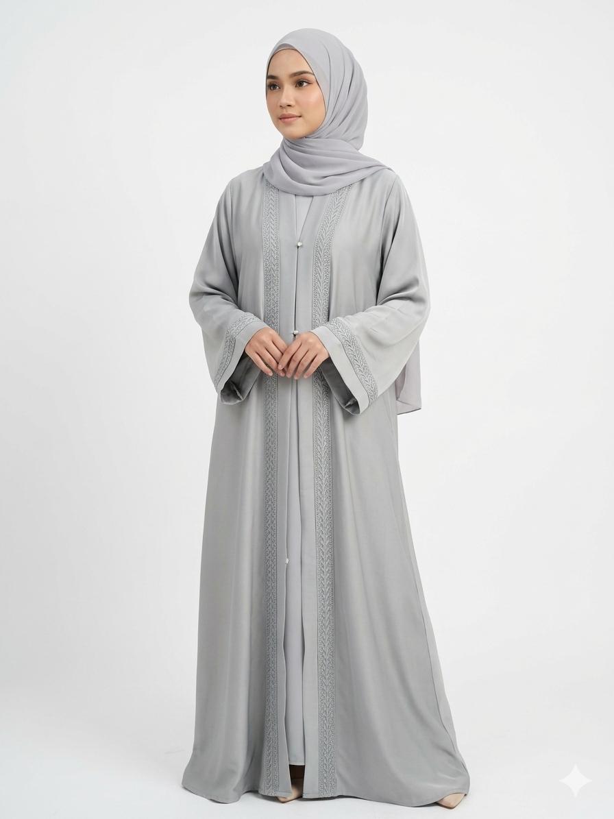 Light Grey Open Abaya Set – Elegant Women's Modest Wear | Zyra Wears